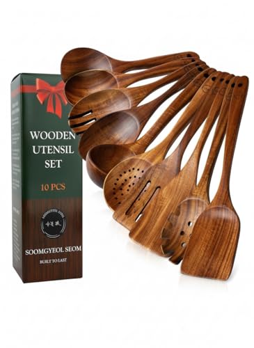 100% Natural Teak Wood Wooden Utensil Set – Non-Stick &