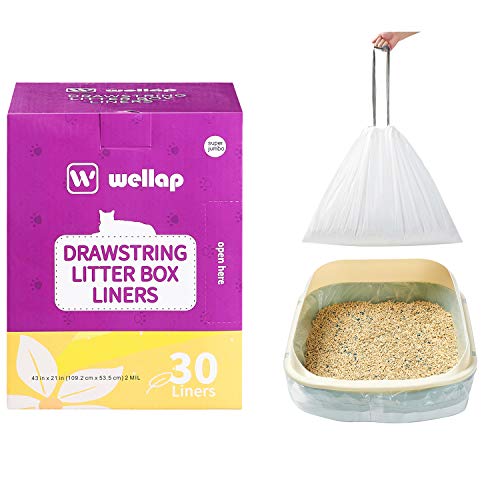 wellap Cat Litter Box Liners 30 Count Super Jumbo (43  x 21 ) Durable Drawstring Kitty Litter Bags (White)