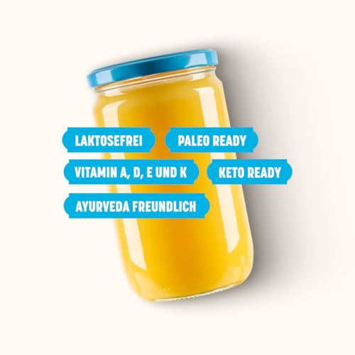 Ghee Butter BIO 600 g Reich an Vitaminen und Omega 3 6 Fettsäuren Great Taste Zertifikat Laktosefrei Ideal zum Braten Backen Ohne Zusatzstoffe Authentisches Ayurveda Ghee Butter 100% Europäisch