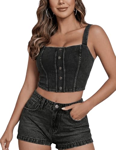 Ystguic Women Denim Cami Vest Removable Bra Pads Slim Stretch Jean Tank Pull On Square Neck Faux Button Placket Crop Tops (Dark Grey,S)