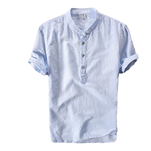 Chemise coton lin homme manches courtes bleu clair style rétro col officier