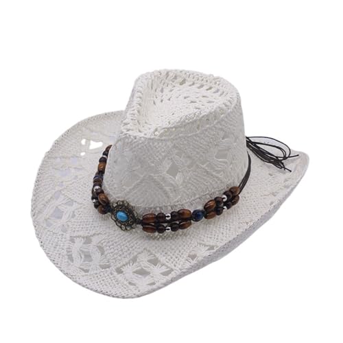 Chapeau de cowboy en paille à bord large et décor perles élégant
