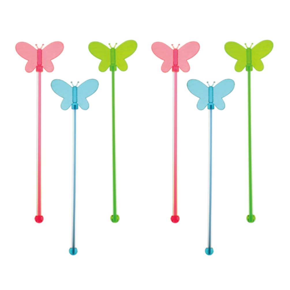 Angoily 25Pcs Acrylic Butterfly Stirring Sticks Cocktail Stir Picks Stir Swizzle Stick Spoons Ice Drink Stirrer Mixing Spoons for Juices Chocolate Milk 22cm (Random Color)