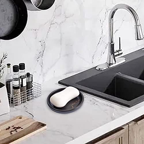 Round Ceramic Marble Soap Tray, Modern Design Soap Holder for Bathroom or Kitchen, Container for Sponges, Hand Soap Dish, Women Trinket Plate (Black)