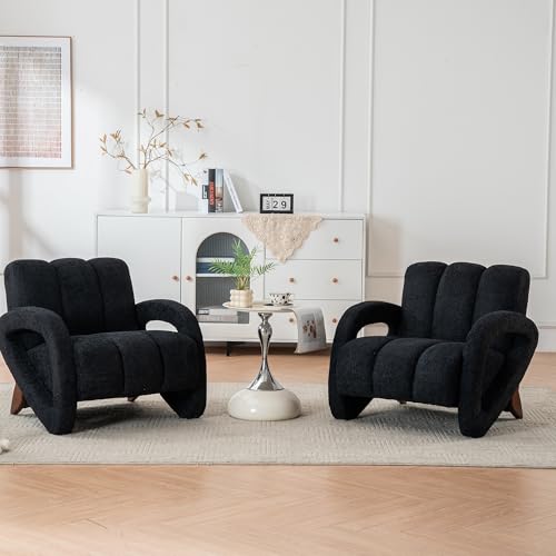DRKAT Mid Century Modern Accent Chair Set of 2 with Solid Wood Frame, Upholstered Living Room Chairs with Thick Cushion, Boucle Tufted Armchair for Bedroom, Reading Room, Black
