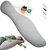 Opanoli® Almohada ergonómica para dormir de lado con funda de algodón 100% gris – Almohada de embarazo en forma única – Öko-Tex – Lavable – Cojín de lactancia – Almohada de lactancia – Almohada para