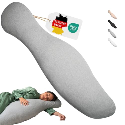 Opanoli® Almohada ergonómica para dormir de lado con funda de algodón 100% gris – Almohada de embarazo en forma única – Öko-Tex – Lavable – Cojín de lactancia – Almohada de lactancia – Almohada para