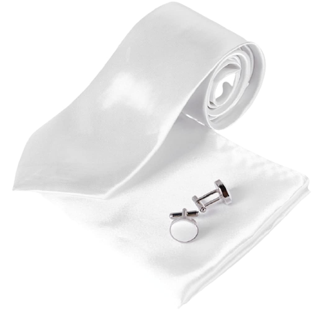 L&L® Skinny Mens wedding event prom party necktie tie+Handkerchief+cufflinks set (White)