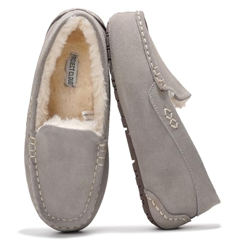 Image of Project Cloud 100% Genuine Leather Slippers for Women - Fur Lined Outdoor Slippers for Women Footwear with Memory Foam - Stylish Womens Moccasin (Cathi)