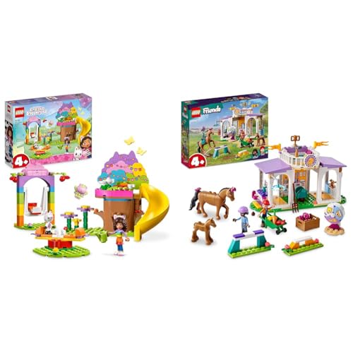 LEGO 10787 Gabby's Dollhouse Kitty Fees Gartenparty Puppenhaus Spielzeug Set & 41746 Friends Reitschule Set mit 2 Spielzeug-Pferden, Aliya und Mia Mini-Puppen