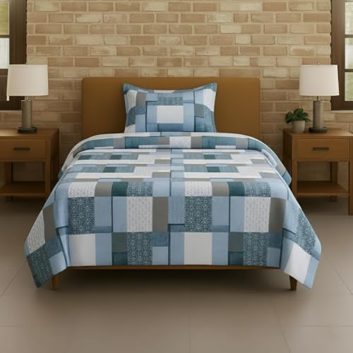 Image of Trance Home Linen 100% Cotton 144TC Elastic Fitted Bedsheet | Printed Single Size Bed Elasticated Fitted Bedspread with 1 Pillow Cover (72x30 inch, Abstract Green)