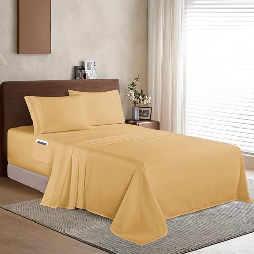 Elegant Comfort Luxury 1500 Premium Hotel Quality Microfiber 4-Piece Sheet Set - Soft, All Around Elastic 18-24 Inches Deep Fitted Sheet - Extra Deep Pocket Sheets, Full, Camel-Gold
