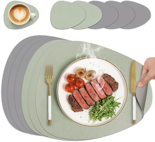 HELI MIAO Tischsets Abwaschbar,Platzsets Abwischbar, Leder,Hitzebeständig Doppelseitigen I 6er Set Platzdeckchen Lederoptik mit Untersetzer,Tischuntersetzer rutschfest,Salbeigrün +
