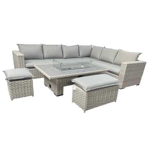 Furnishings For Less UK L Shaped 9 Seater Grey Rattan Patio Set With Rectangular Fire Pit Table Outdoor Seating (No - Rain Cover)