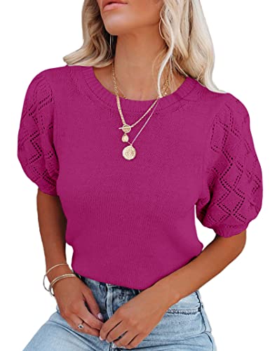 Image of Womens Short Sleeve Sweaters Crewneck Knit Pullover Tops 2025 Summer Casual Lightweight Crochet Blouse Shirt