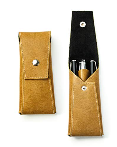 DELMON VARONE - Personalisierbares Schreibgeräteetui Vintage Anilin Leder braun, Stifte Etui mit Druckknopfverschluss für 3 Schreibgeräte, Stiftemappe für hochwertige Kugelschreiber & Füller edel