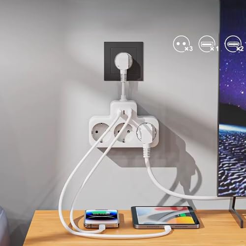GüncelÇarşı Yüksek Voltaj Korumalı Priz, Duvar Tipi Kısa Kablolu Priz Çoğaltıcı, 3x Soket, 2x Type-C, 1x Usb, 16A, 3680W, 1050 Joule, Çocuk Korumalı, Isıya Dayanıklı Yapı (Beyaz)