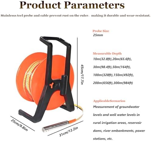 Water Depth Meter 10-400m, Stainless Steel Probe with Buzzer Alert, Groundwater Level Gauge & Voltmeter for Wells, Boreholes, Pipes - Durable Steel Tape, Accurate Measurements
