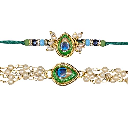 Knots and Threads 2 Designer Rakhi Gifts For Brother Bhaiya Veera Indian Traditional Festival Trendy Rakhi | Bhaiya Bhabhi Set | Handmade | Unique and Latest Designs | Lumba for Bhai Sister in Law | 2 Rakhis | Raksha Bandhan Gifts (Design 4 Feather Bracelet)