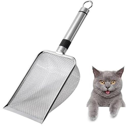 UQMIQURA Pala para gatos de acero inoxidable para caja de arena, 3,8 mm de tamaño de poro, pala de metal antiadherente, aleación de aluminio, pala para arena para gatos