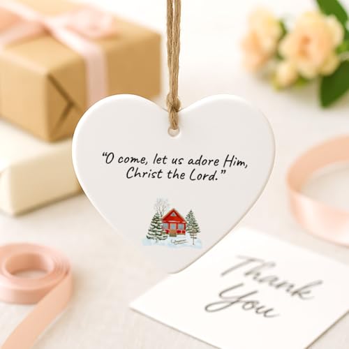 Religious Christmas Ornament Acrylic Heart – “O come, let us adore Him, Christ the Lord”, Christian Quote Keepsake, Spiritual Gift for Home or Tree