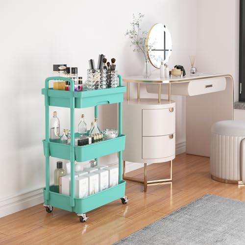 Image of Calmootey 3-Tier Utility Cart with Drawer & Wheels, Storage for Home,Office | Space-Saving Organizer, Sturdy Plastic Shelves, Smooth-Rolling Metal Wheels, Built-in Drawer for Small Items, Green