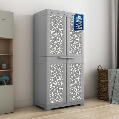 Image of Nilkamal Freedom FMM Star Plastic Wardrobe | 4-Shelf Storage Cupboard with Doors | 3-Year Warranty|Clothes Organizer|Almirah|for Home, Living Room, Bed Room|Adult & Kids| Haze Grey & Milky White