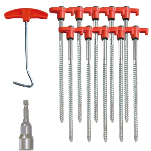 10-Pack 8' Heavy Duty Screw in Tent Stakes, Drill-in Non-Rust Ground Anchor Pegs, Metal Tent Accessories for Camping, Garden, Hiking, Orange