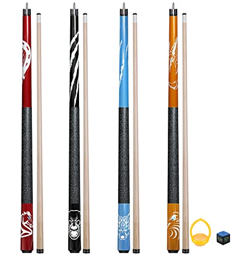 POCUSTIK 4-Pack Pool Cues 18 19 20 21 oz, 58″ 2-Piece Pool Sticks for Adults Set 4, Irish Linen Canadian Maple Cue Sticks for Home Bar Billiard Table- Orange Blue Red Black