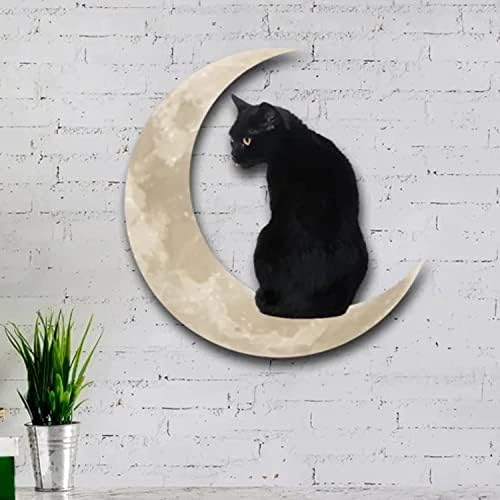 ALMAK Black Cat Moon Hanging Sign Wall Art Home Restaurant Decor Animal Gift Ornaments Cat Lover Wall Art Decor for Bathroom Outdoor Cabin Bedroom