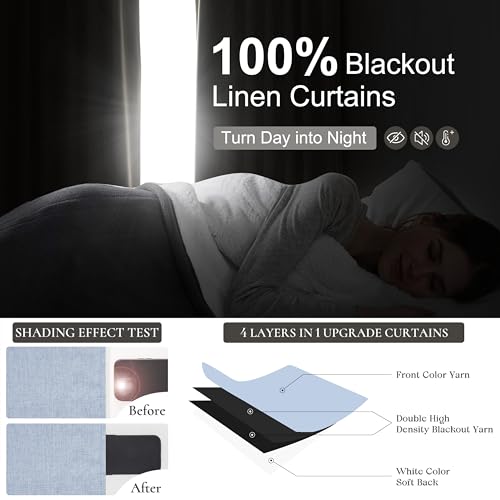 Image of DustyBlue 102 Inches Long Blackout Curtains for Kids Bedroom 2 Panels Set, Pinch Pleated Living Room Curtain Linen Thermal Coastal Drapes Floor to Ceiling Track Light Blue Decor (40 inchWx102 inchL)