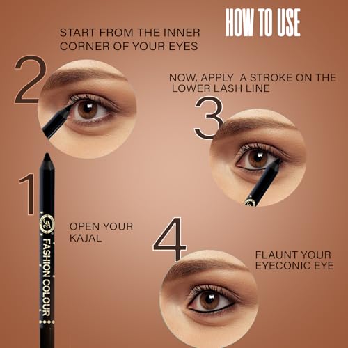 Image of Fashion Colour Super Gliding Kajal | Kajal Black Waterproof Smudge Proof | Long Lasting | High Intensity | Creamy | Jet Black | One Stroke Smooth Application | 24 Hr Long Stay | Kohl-Black (1.2g)