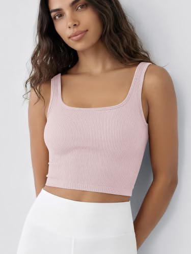 Image of ODODOS 3-Pack Seamless Square Neck Crop Tank for Women Ribbed Knit Soft Low Back Cropped Tops