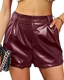 luvamia Faux Leather Shorts for Women High Waist Pleated Wide Leg Stretchy Winter Clothes Womens PU Shorts Ruby Wine Size Medium