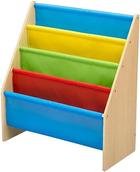 Delta Children Sling Book Rack Bookshelf, 4-Tier Wooden Shelf with Soft Fabric Pockets, Ideal for Playroom, Living Room, Basement, or Bedroom