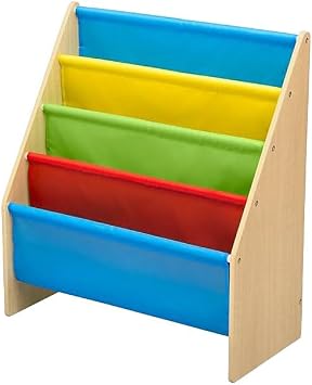 Delta Children Sling Book Rack Bookshelf, 4-Tier Wooden Shelf with Soft Fabric Pockets, Ideal for Playroom, Living Room, Basement, or Bedroom
