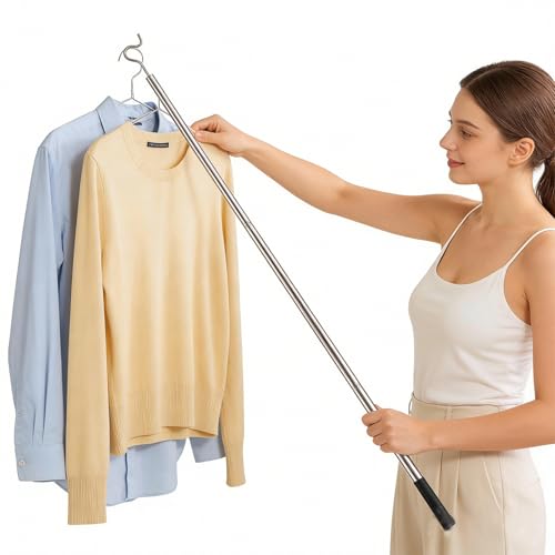 Stainless Steel Clothes Hanger Hook - Extends from 36.6 to 52.36 Inches (93-133cm), Heavy Duty Closet Hanger Reaching Pole, Ceiling, Shelf, and Balcony Use