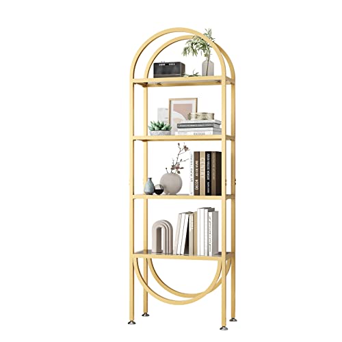 Doorxifo Freestanding Gold Bookshelves With Glass Storage, Modern Gold Bookcase With 4 Tier Glass Shelves, Gold Storage Organizer For Office, Living Room #TOP7