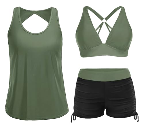 Image of Yonique 3 Piece Tankini Swimsuits for Women Swim Tank Top Bathing Suits with Boy Shorts and Bra Athletic Swimwear