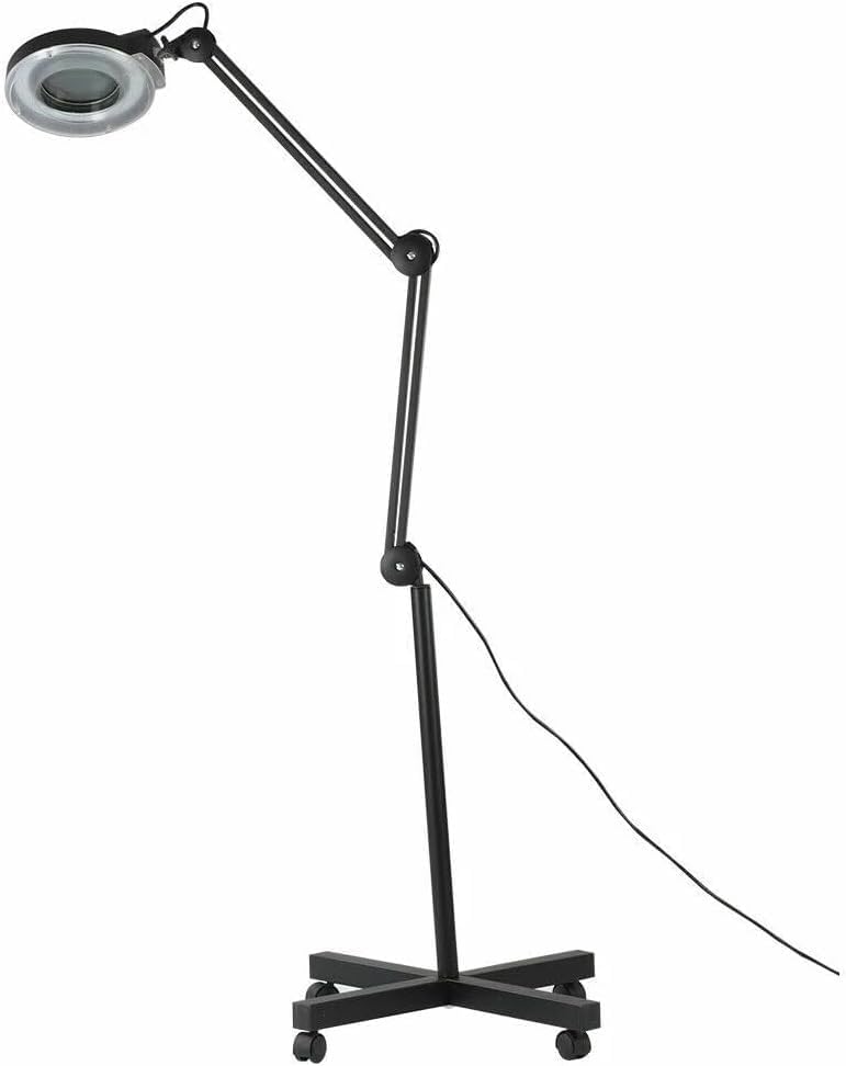 5X LED Magnifying Floor Lamp with Rolling Base – Adjustable Swivel Arm Magnifier Light on Wheels for Beauty Salon, Lash, Tattoo, Spa, Clinic, Reading, Crafts & Medical Use (White)