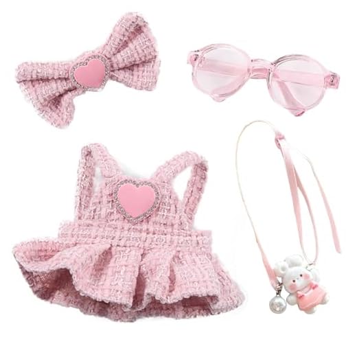 6.7in/17cm Doll Clothes Set(NO Doll), 4 Pcs Outfit Set Includes Premium Fashion Dresses & Bow Hairpin & Glasses & Cute Rabbit Charm, Luxury Chic Doll Clothing Accessories