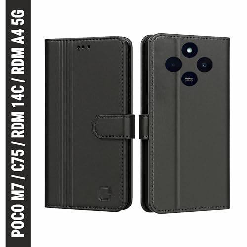 Image of AIBEX Shock Proof Flip Compatible for Redmi 14C 5G /Poco M7 5G /Redmi A4 5G /Poco C75 5G Flip Cover Leather Finish|Inside TPU with Card Pockets|Wallet Stand|Complete Protection Flip Case - Black