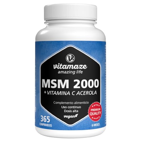MSM 2.000 mg + vitamina C natural de Acerola, 365 comprimidos veganos para 6 meses, alta dosis, 99,9% Metilsulfonilmetano puro, complemento alimenticio sin aditivos, Fabricado en Alemania