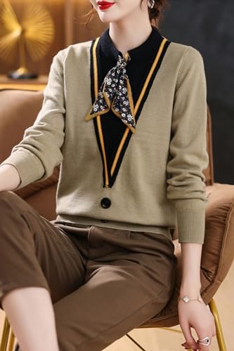 Image of LAI MENG FIVE CATS Women's Fall Tie Neck Sweater Shirt Long Sleeve Patchwork Knit Retro Pullover Tops