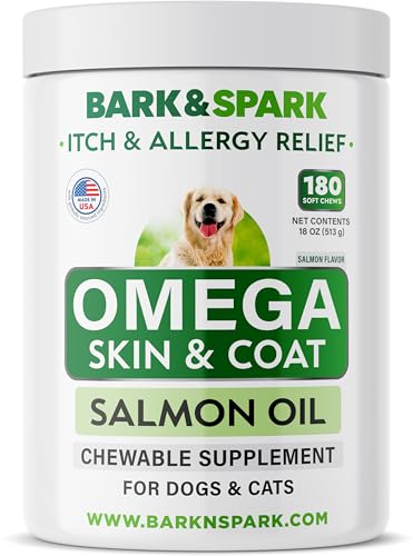 BARK&SPARK Omega 3 for Dogs and Cats-180 Fish Oil Treats for Dogs & Cats Shedding, Skin Allergy, Itch Relief, Hot Spots Treatment-Joint Health-Skin and Coat Supplement-EPA & DHA Fatty Acids-Salmon Oil