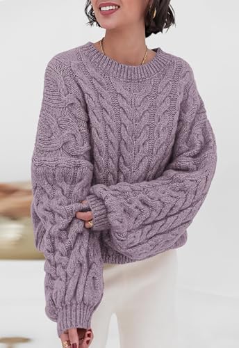 PRETTYGARDEN Womens Sweaters Spring 2026 Cable Knit Long Sleeve Crewneck Oversized Sweater Chunky Pullover Loose Outfits (Purple, X-Small) — view 3