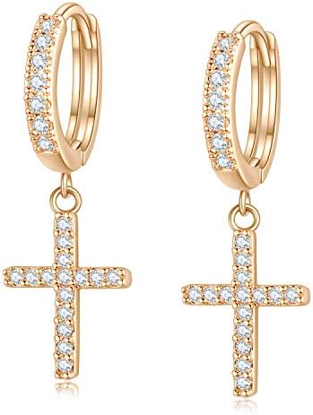14K Rose Gold Plated Cross Dangle Huggie Hoop Earrings Cubic Zirconia Diamond Small Huggy Cross Earrings for Women Men Teen Girls