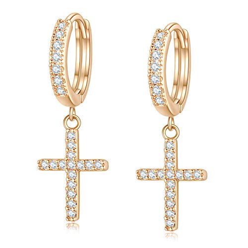 14K Rose Gold Plated Cross Dangle Huggie Hoop Earrings Cubic Zirconia Diamond Small Huggy Cross Earrings For Women Men Teen Girls #TOP11