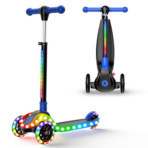 Patinete de 3 ruedas Kidscoter con iluminación LED, ajustable en altura y plegable para niños de 3 a 12 años, barra de dirección y cubierta luminosas, máx. 60 kg, regalo para niños/niñas (luz azul)