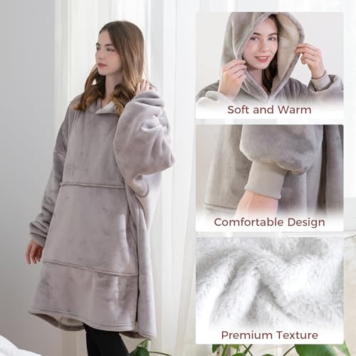 Good Nite kuscheldecke mit Ärmeln Hoodie Decke mit Ärmeln Pullover Decke Damen Kapuzenpulli in Übergröße mit Taschen Sherpa Snuggle Blankets Grau